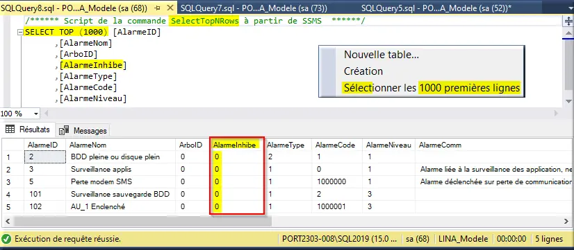 Vérification résultat table Alarme